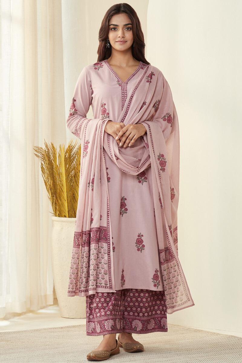 Purple Hand Block-Printed Straight Cotton Kurta