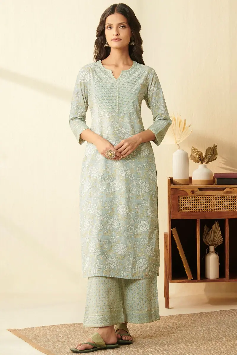 Blue Hand Block Printed Cotton Slub Farsi