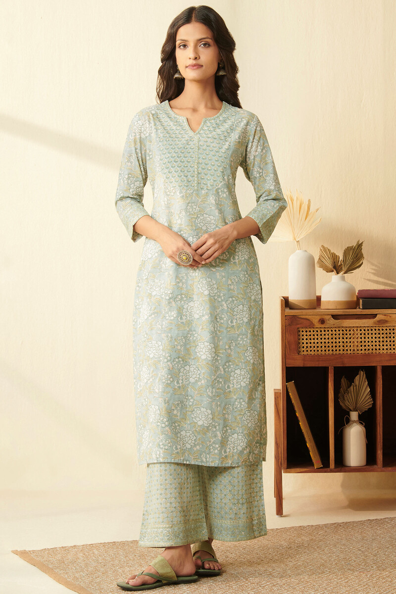 Blue Hand Block Printed Straight Cotton Slub Kurta