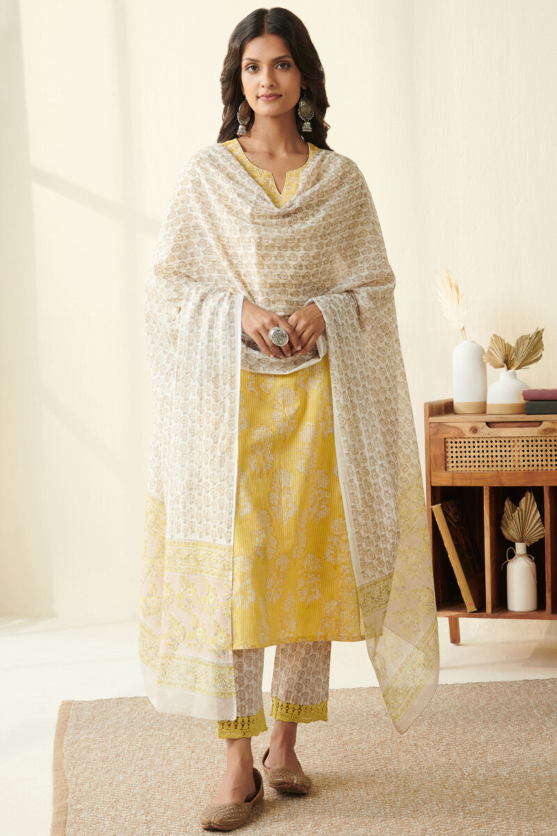 Off-White Hand Block Printed Cotton Mul Dupatta
