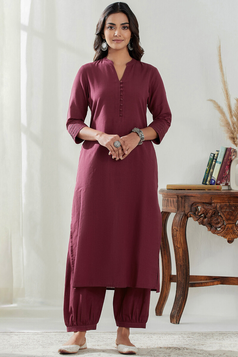 Maroon Handcrafted Straight Handloom Kurta