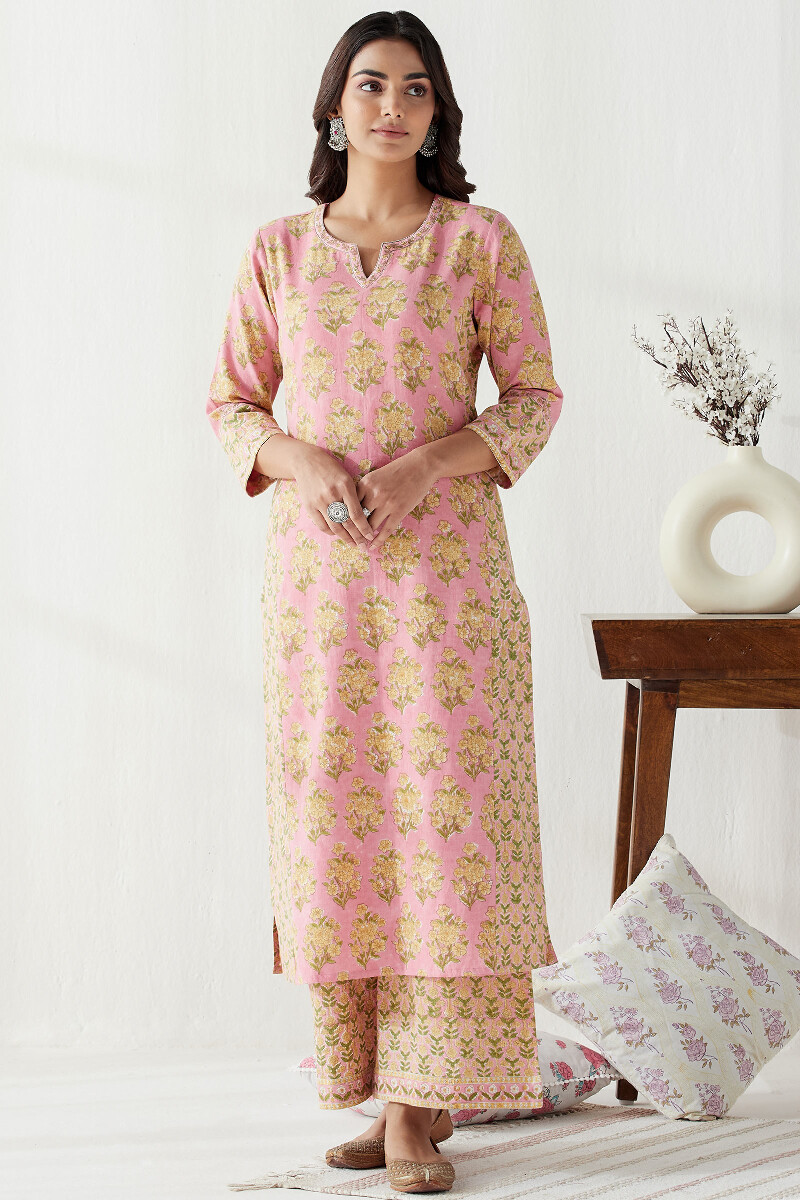 Pink Hand Block Printed Straight Cotton Flax Kurta