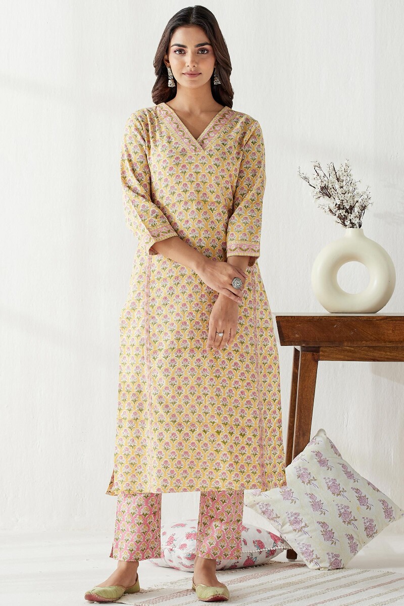 Yellow Hand Block Printed Straight Cotton Flax Kurta