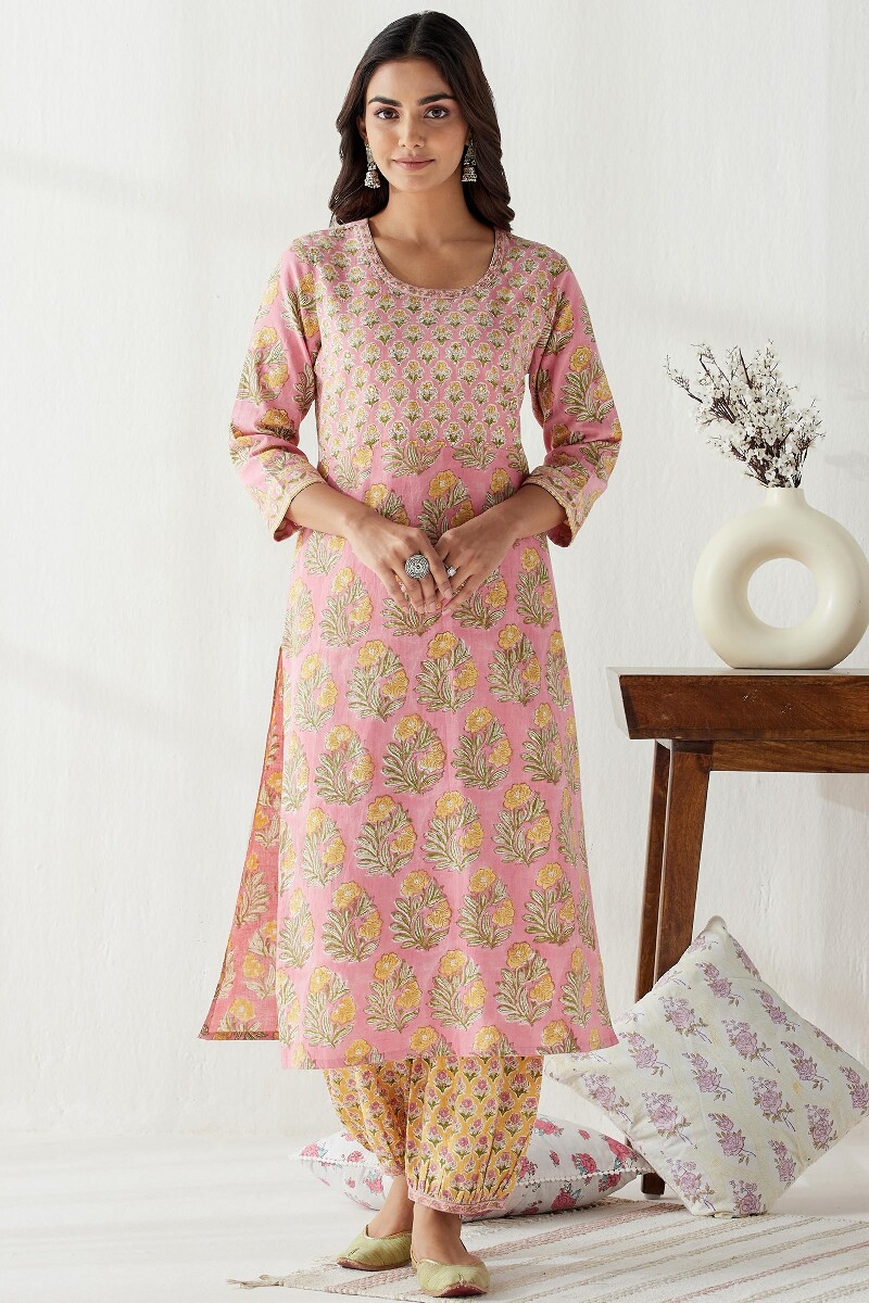 Pink Hand Block Printed Straight Cotton Flax Kurta