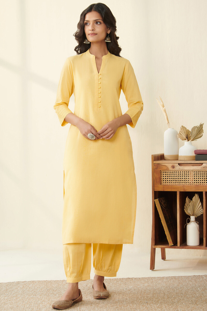 Yellow Handcrafted Straight Handloom Kurta