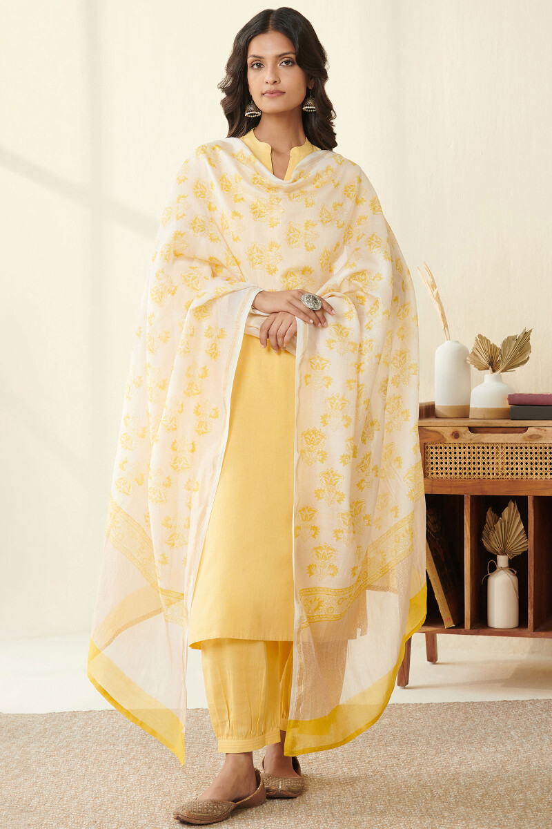 Off-White Hand Block Printed Chanderi Dupatta