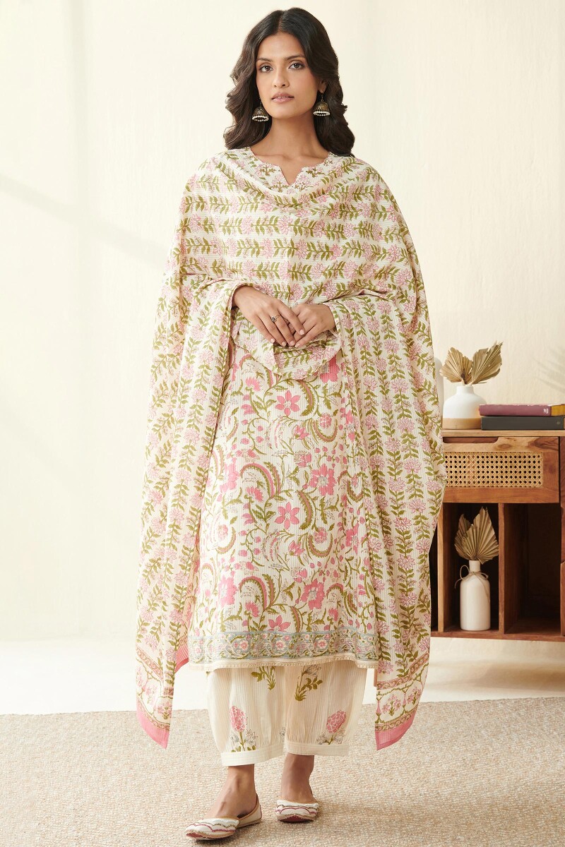 Off-White Hand Block Printed Cotton Dobby Dupatta