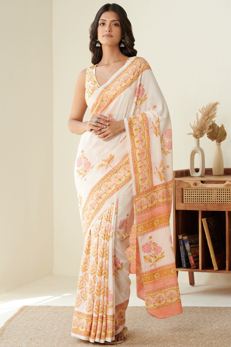 Off-White Hand Block Printed Cotton Silk Saree