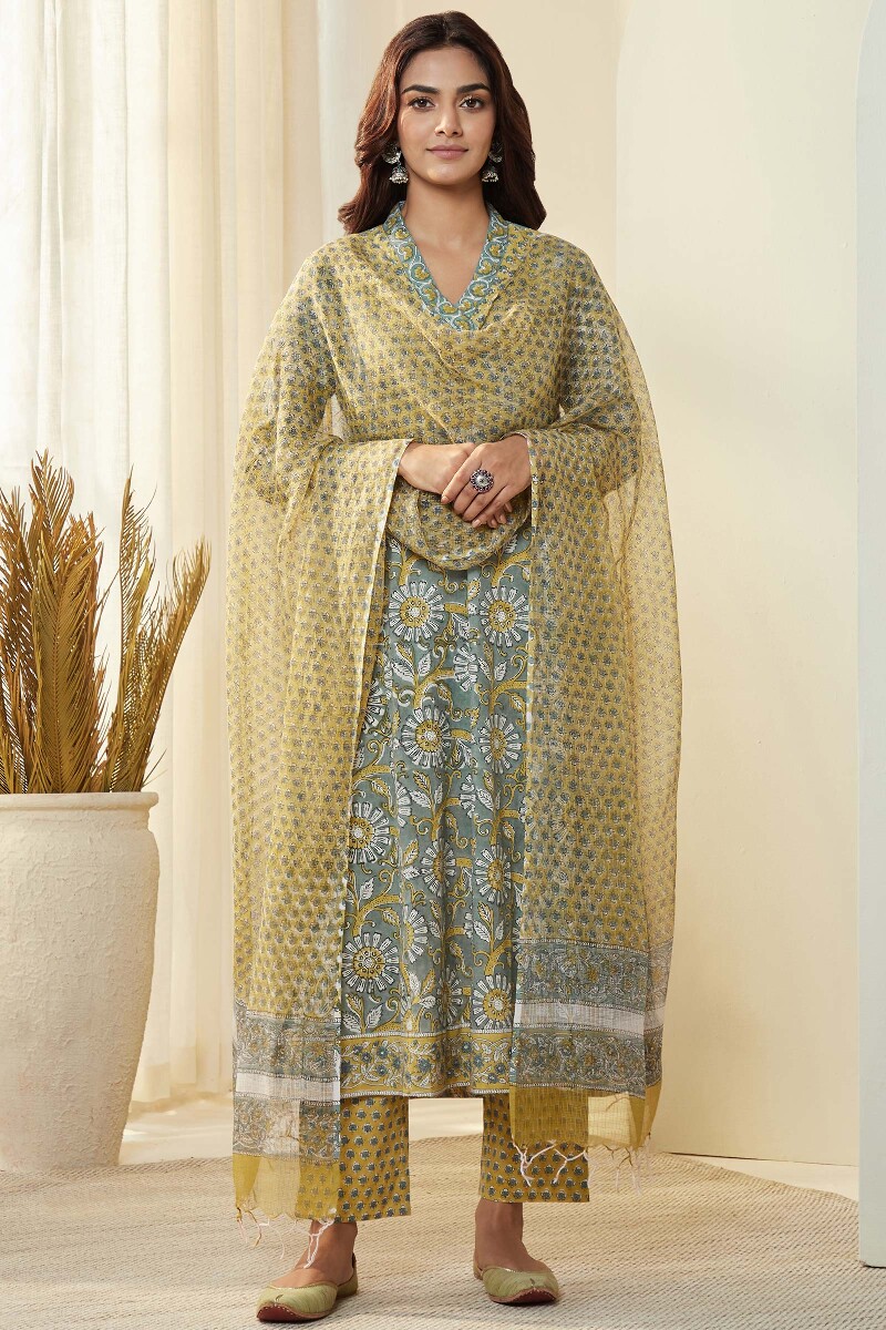 Mustard Hand Block-Printed Kota Dupatta