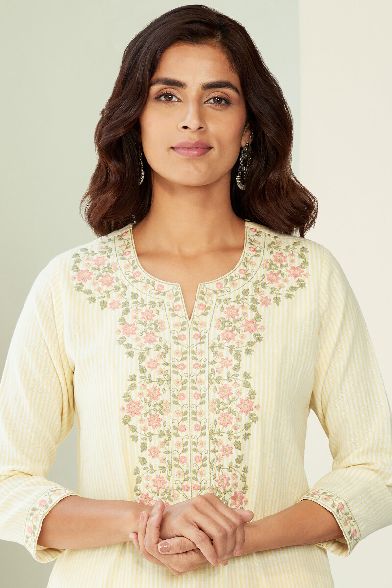 Yellow Handcrafted Straight Cotton Flax Kurta