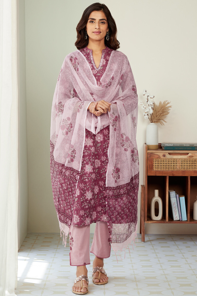 Purple Hand Block-Printed Cotton Slub Narrow Pants