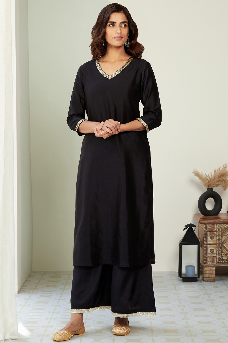 Black Handcrafted Straight Chanderi Kurta
