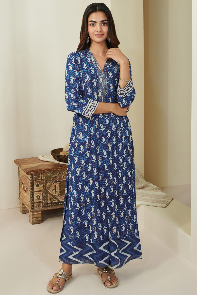 Indigo Hand Block-Printed Straight Viscose Kurta