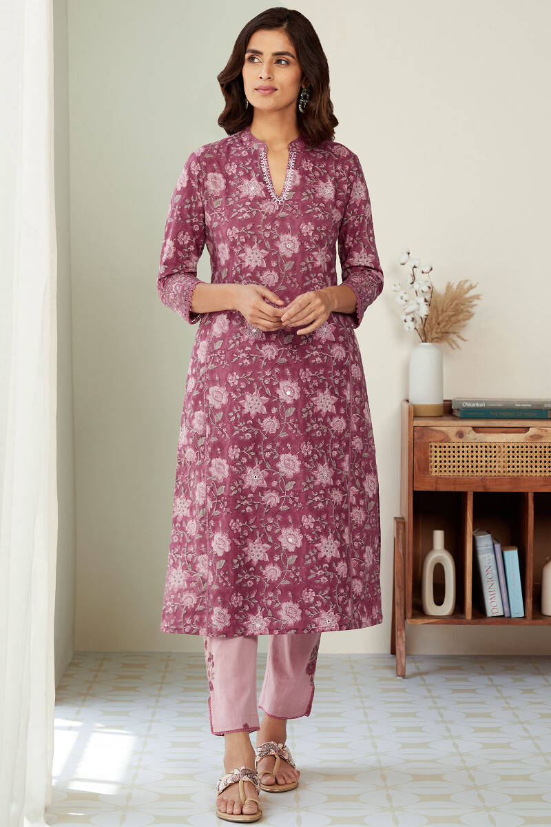 Purple Hand Block-Printed Straight Cotton Slub Kurta