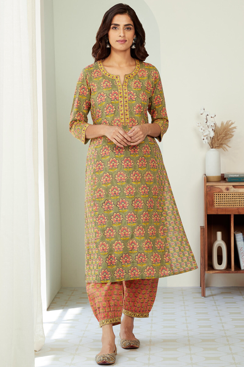 Olive Green Hand Block-Printed Straight Cotton Kurta