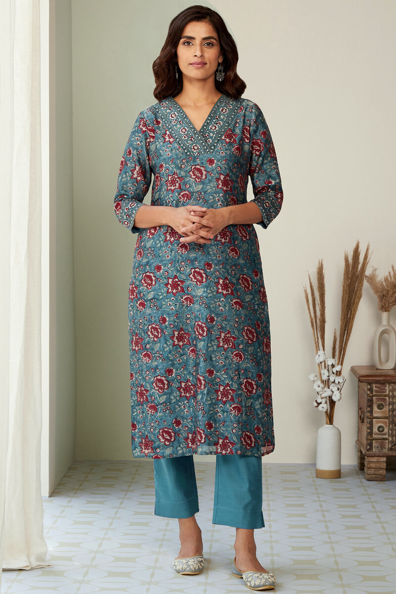 Blue Hand Block-Printed Straight Chanderi Kurta