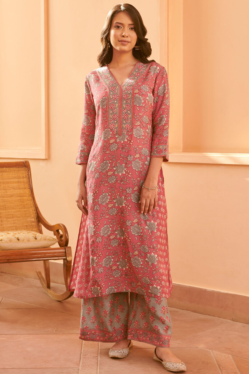 Pink Hand Block-Printed Straight Modal Kurta