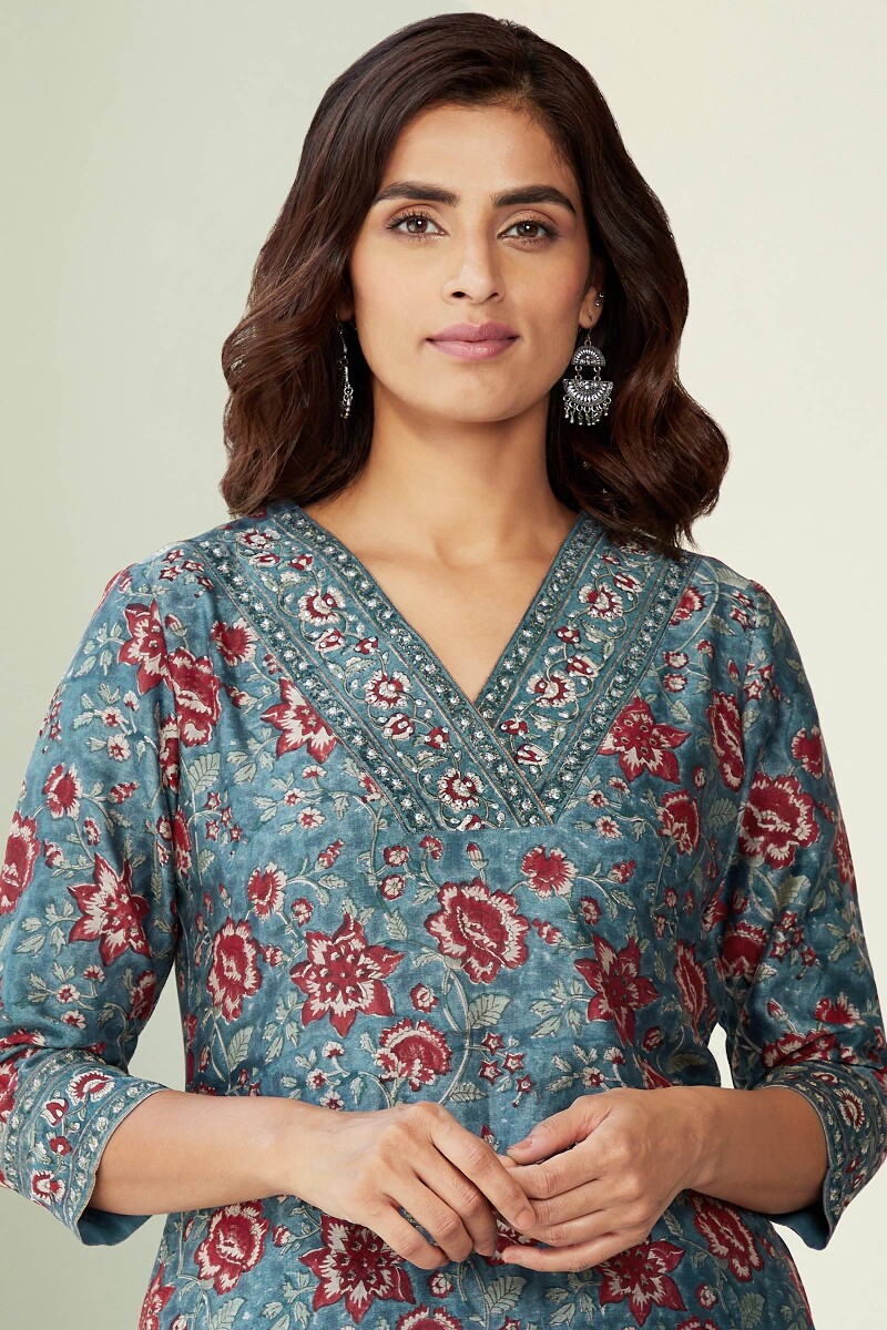 Blue Hand Block-Printed Straight Chanderi Kurta