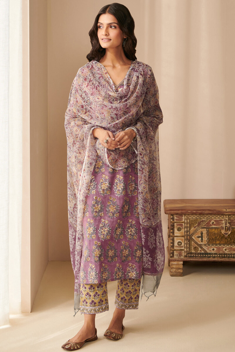 Mustard Yellow Hand Block-Printed Cotton Slub Narrow Pants