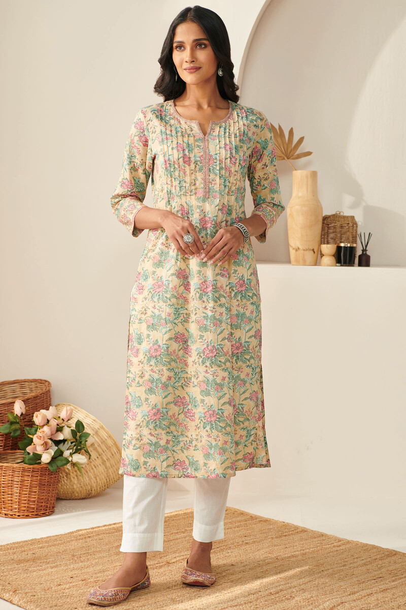 Yellow Hand Block-Printed Straight Cotton Kurta
