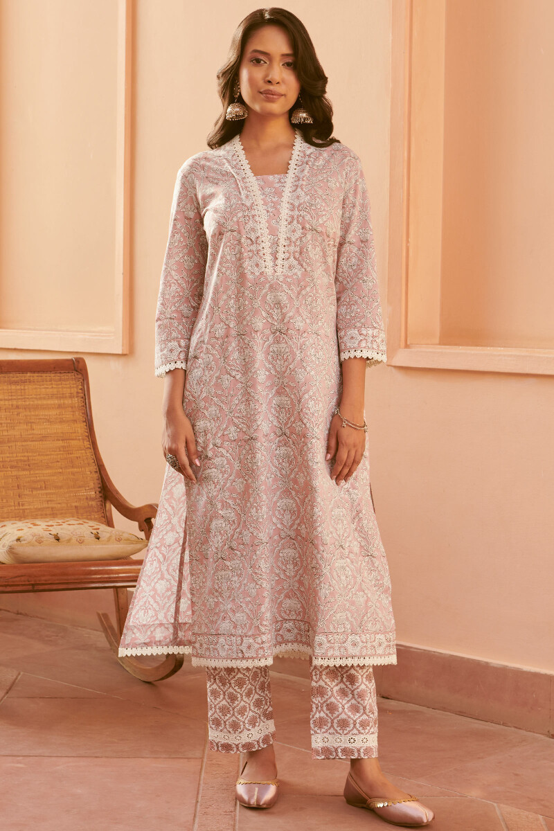 Pink Hand Block-Printed Straight Cotton Kurta