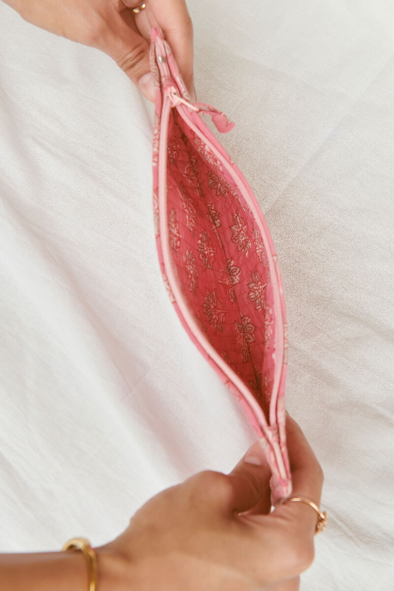 Pink Hand Block-Printed Cotton Pencil Pouch