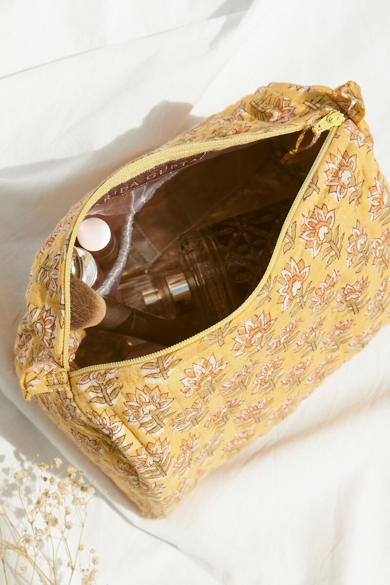 Yellow Hand Block-Printed Cotton Vanity Pouch