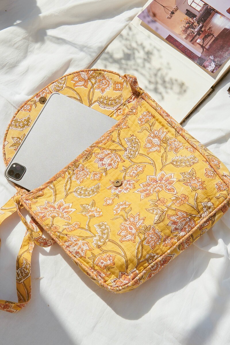 Yellow Hand Block-Printed Cotton Crossbody Bag