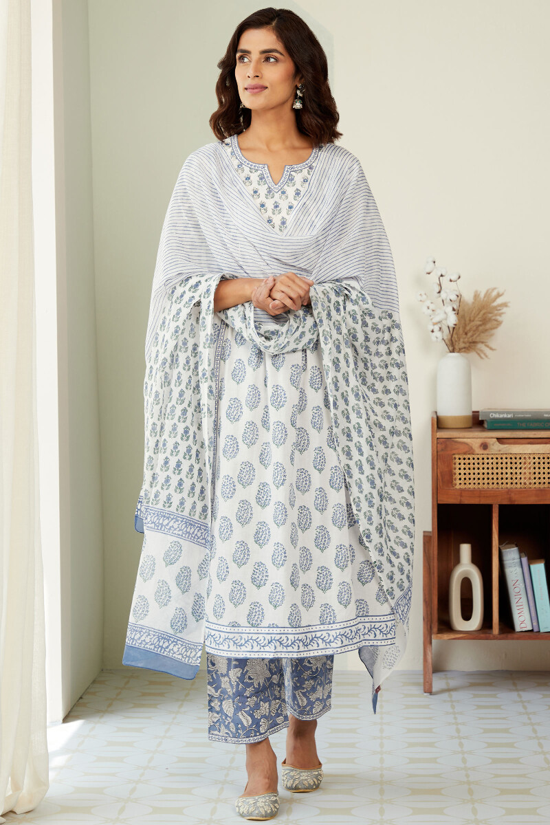 White Hand Block-Printed Cotton Mul Dupatta
