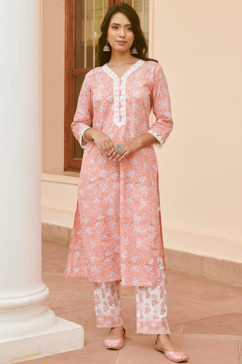 Pink Hand Block-Printed Straight Cotton Kurta