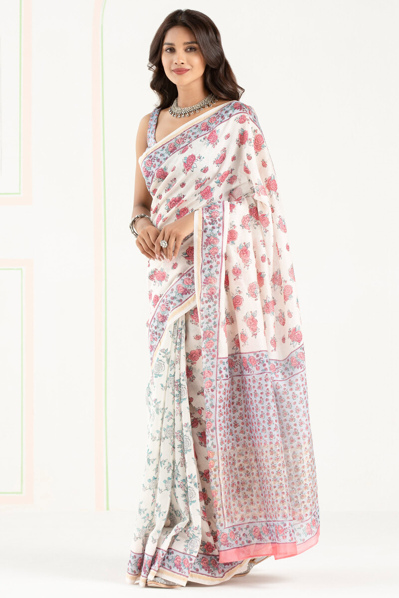 Sanganeri Hand Block-Printed Chanderi Saree