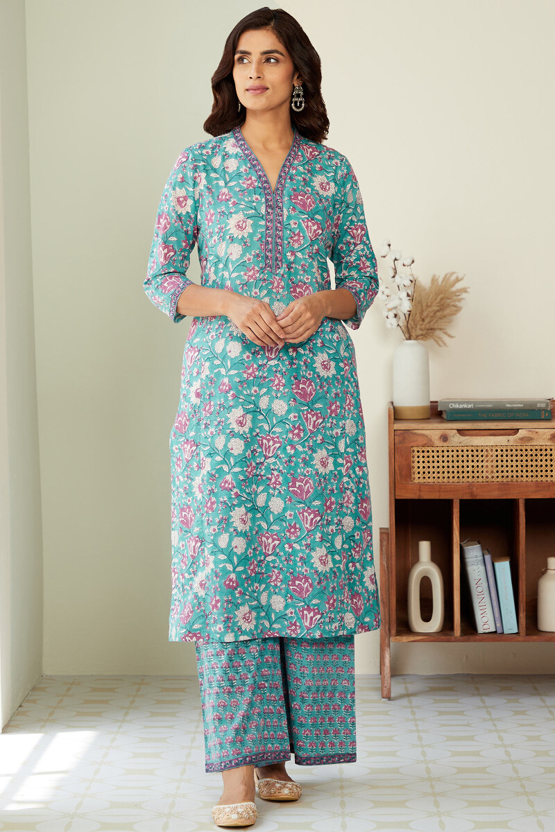 Turquoise Hand Block-Printed Straight Cotton Kurta