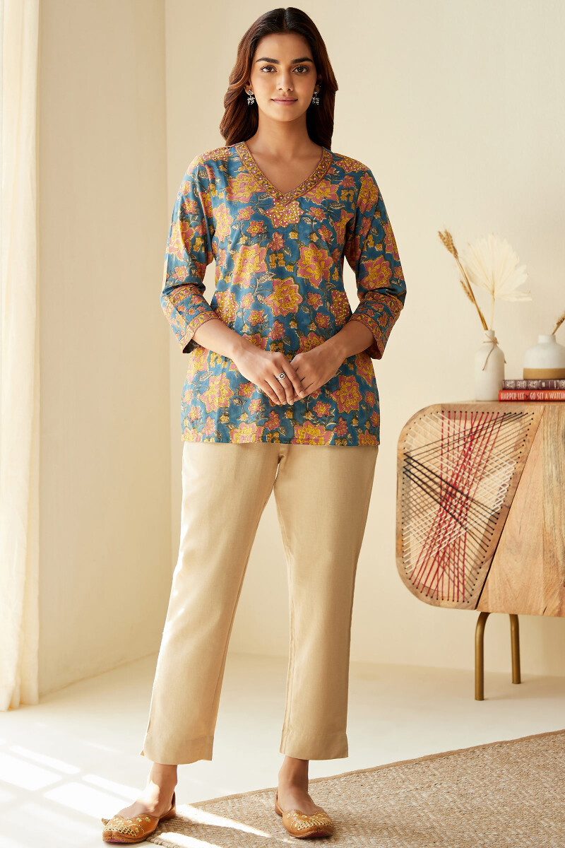 Blue Hand Block-Printed Cotton Top