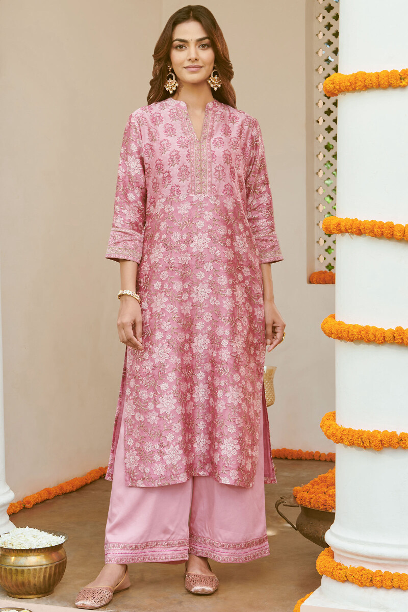 Pink Hand Block-Printed Straight Chanderi Kurta