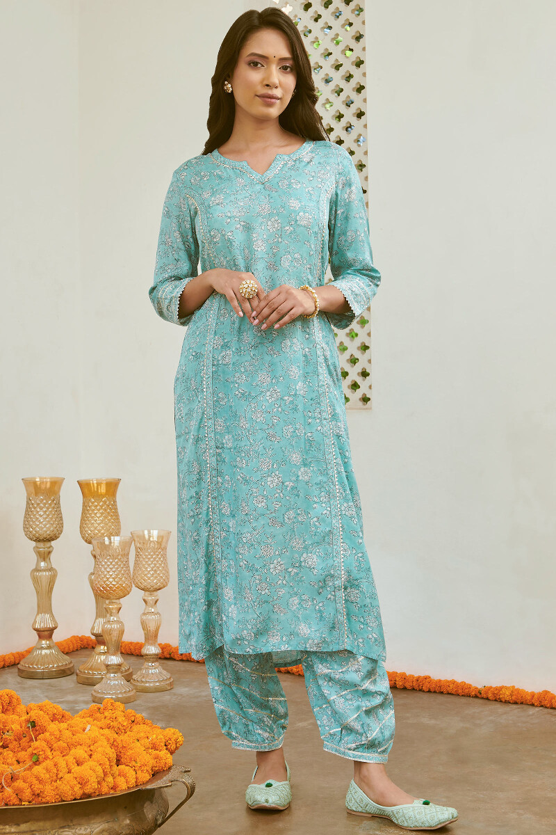 Blue Hand Block-Printed Straight Viscose Kurta
