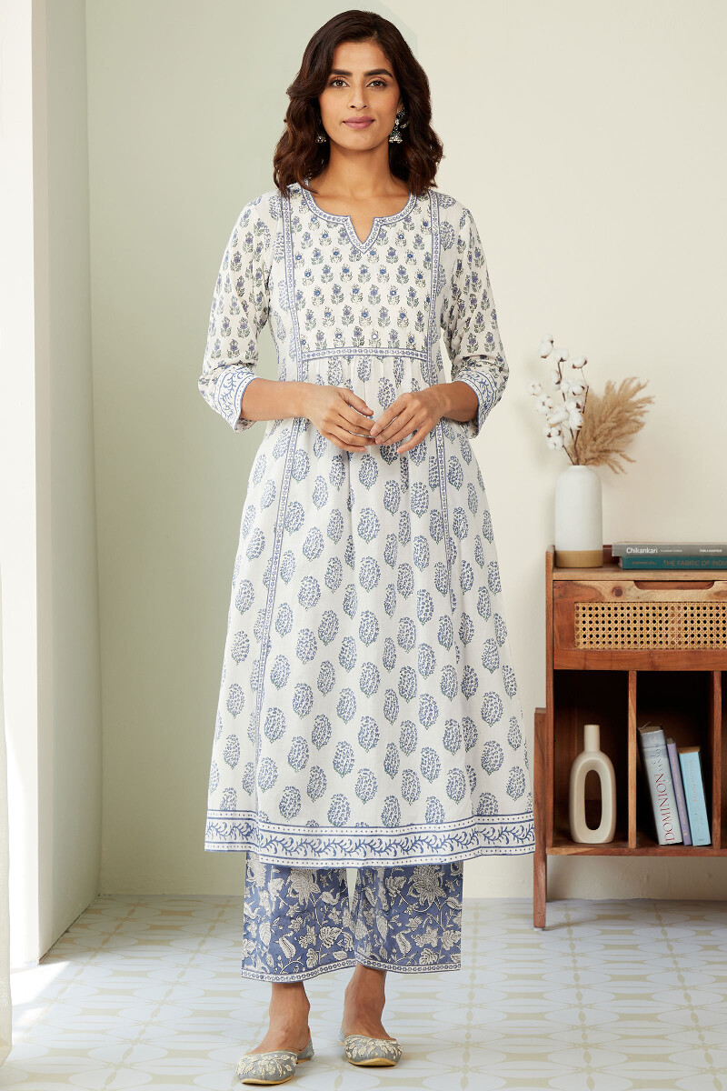 White Hand Block-Printed A-Line Cotton Kurta