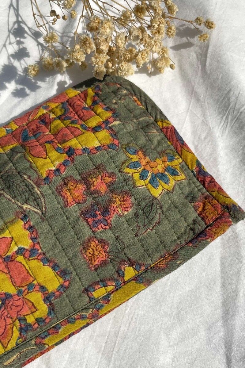 Green Hand Block-Printed Cotton Pencil Pouch
