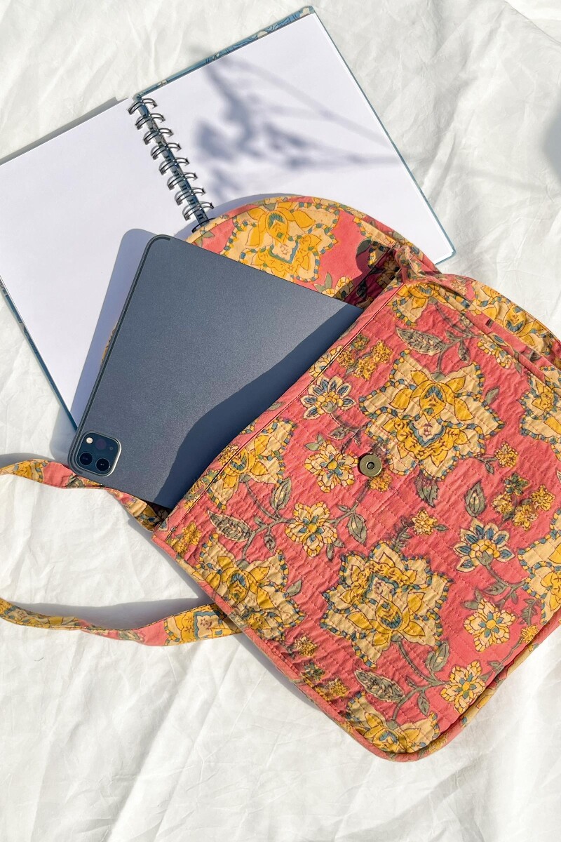 Peach Hand Block-Printed Cotton Crossbody Bag
