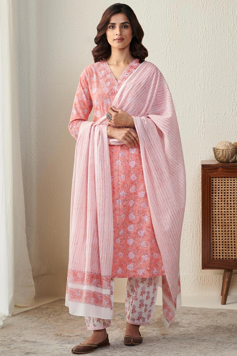 White Hand Block-Printed Cotton Mul Dupatta