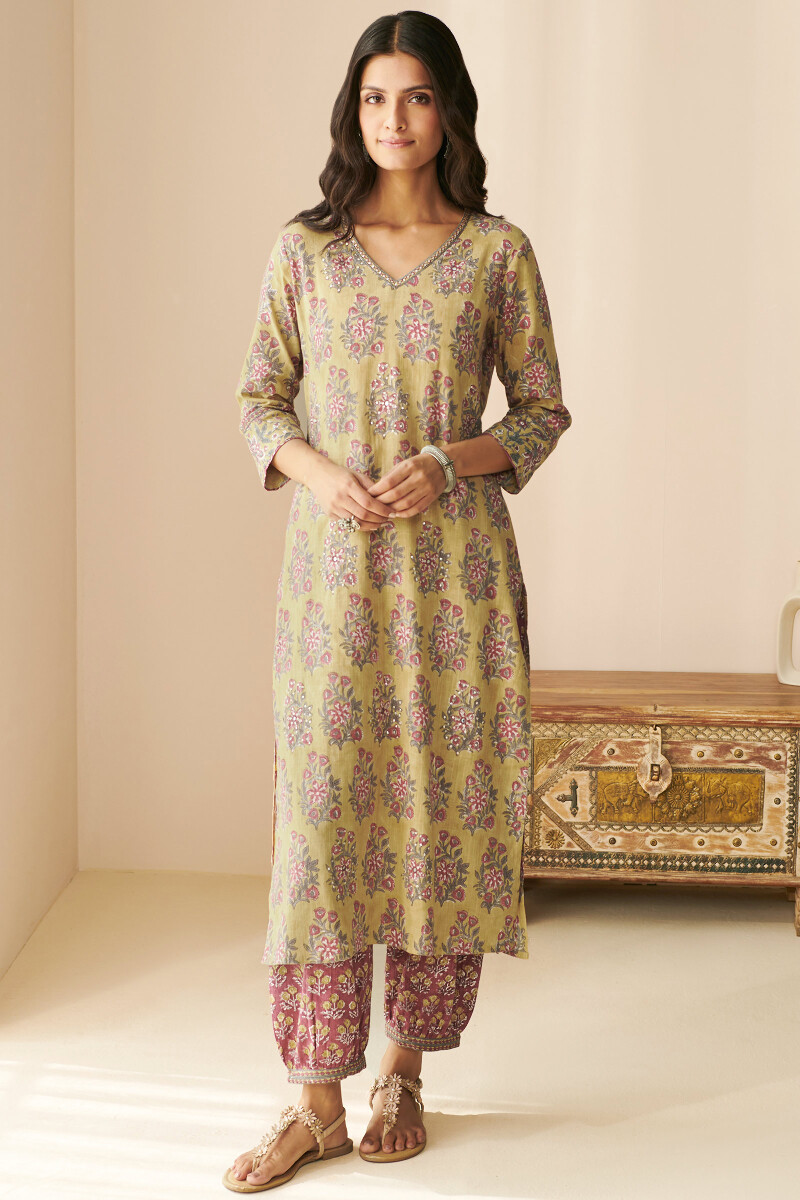 Mustard Hand Block-Printed Straight Cotton Slub Kurta