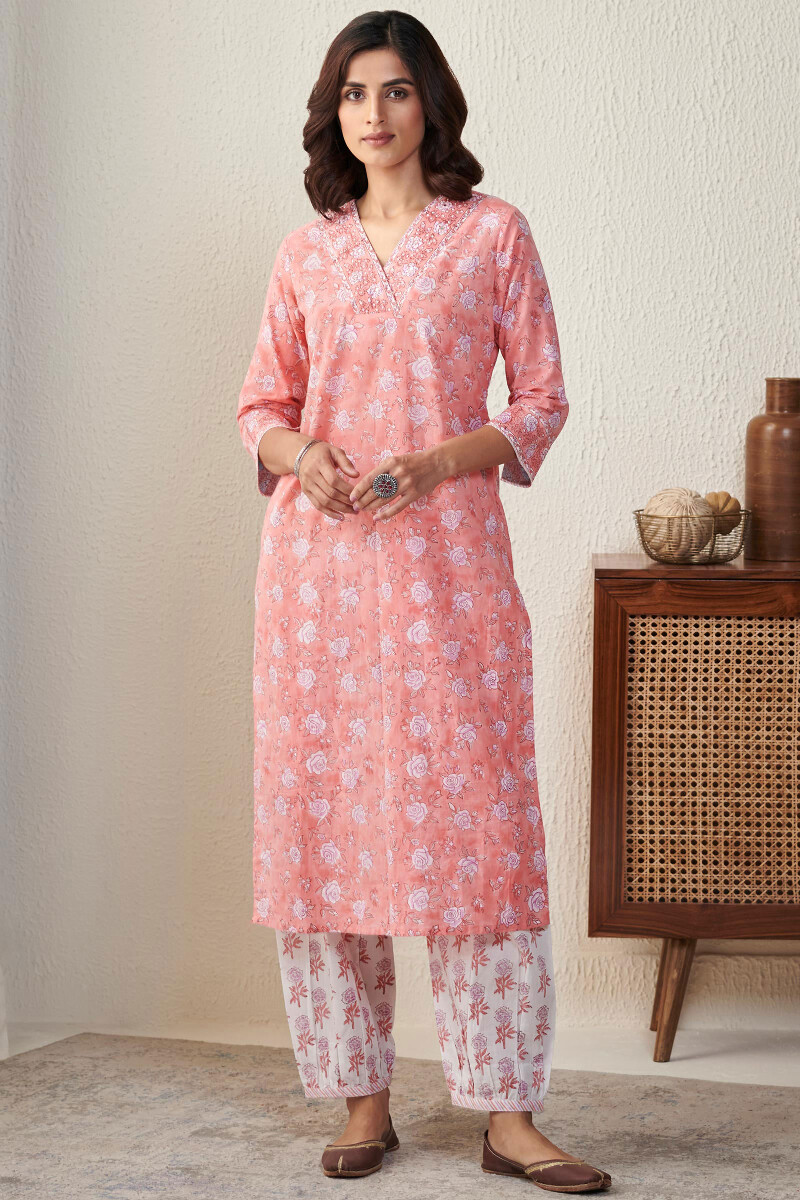 Peach Hand Block-Printed Straight Cotton Kurta