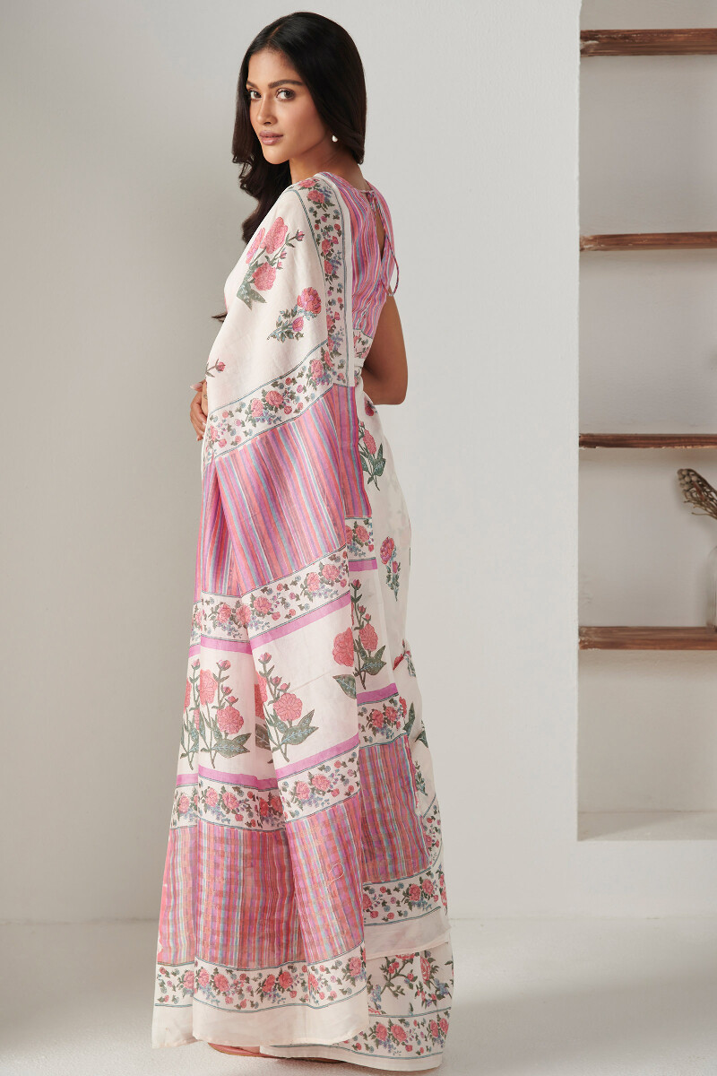 Sanganeri Hand Block-Printed Chanderi Saree