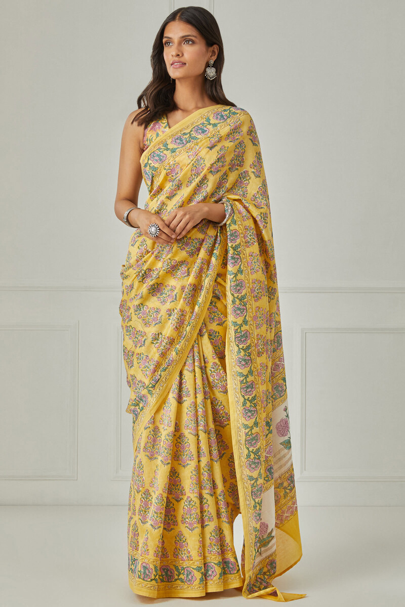 Sanganeri Hand Block-Printed Chanderi Saree