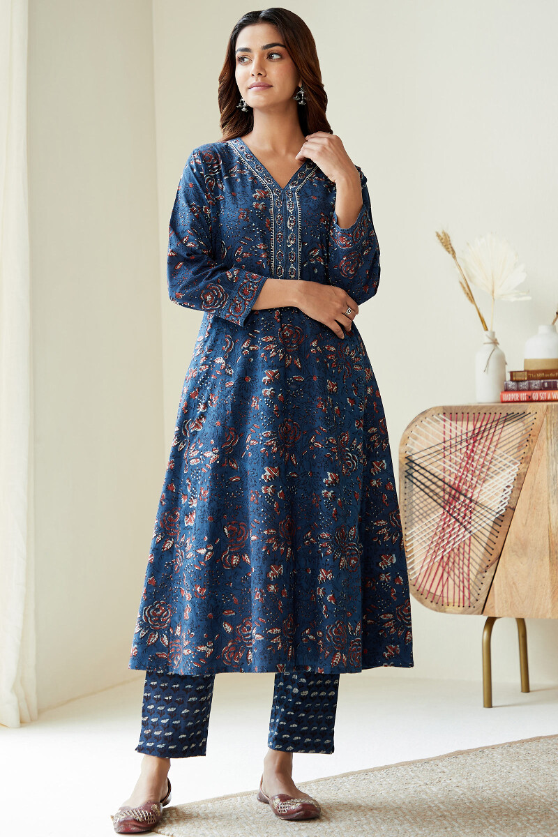 Indigo Hand Block-Printed A-Line Cotton Kurta