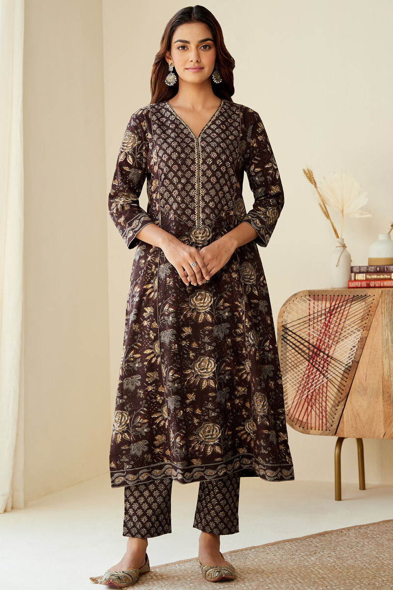 Buy Bagru Hand Block Printed A Line Cotton Kurta for Women FGMK23 623 Farida Gupta