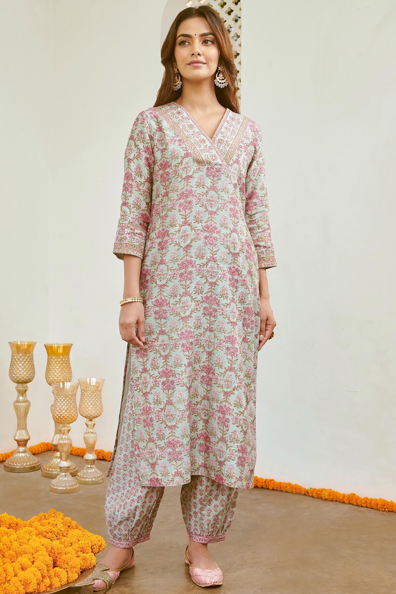 Light Blue Hand Block-Printed Straight Chanderi Kurta