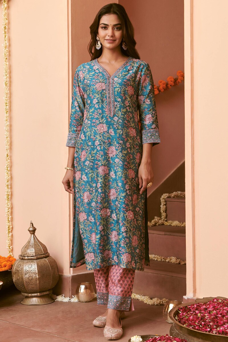 Blue Hand Block-Printed Straight Chanderi Kurta