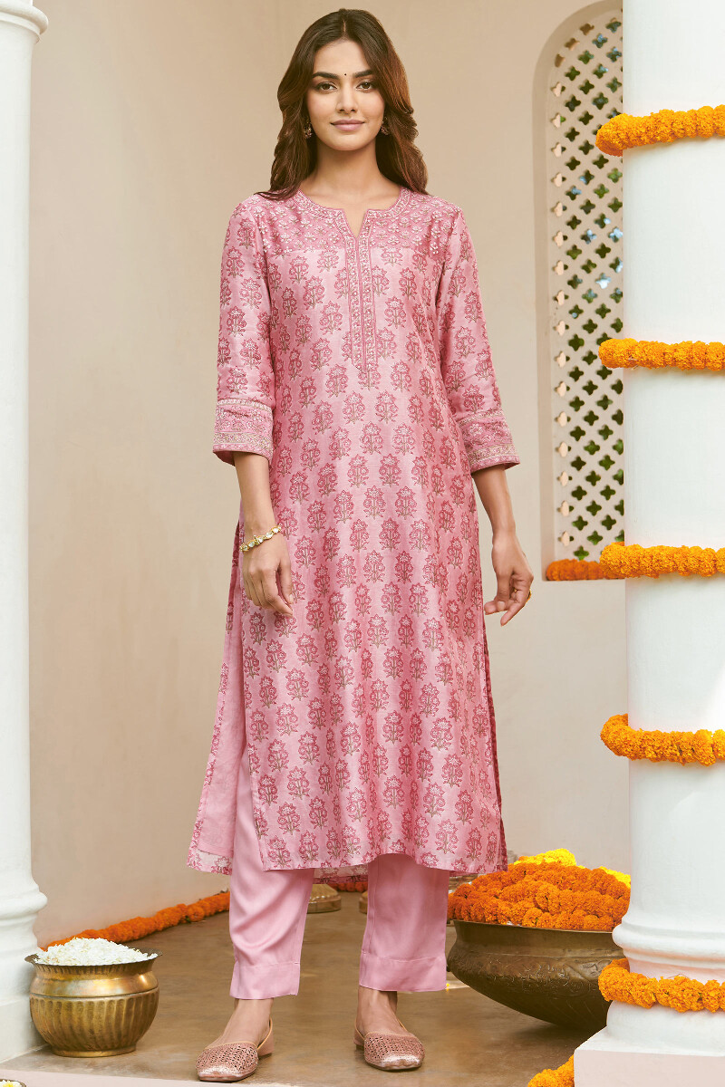 Pink Hand Block-Printed Straight Chanderi Kurta