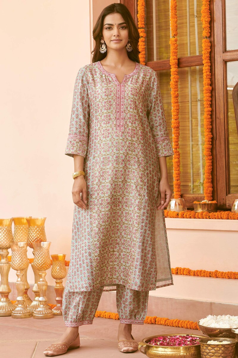 Light Blue Hand Block-Printed Straight Chanderi Kurta