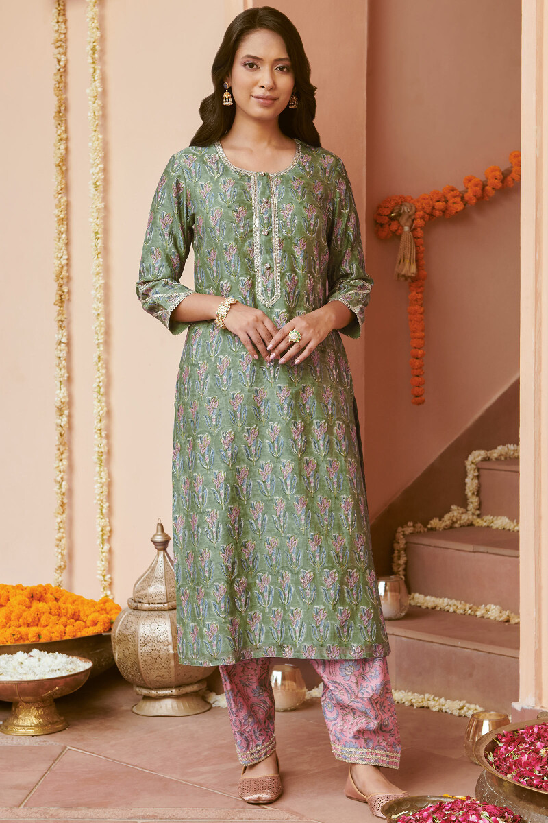 Green Hand Block-Printed Straight Chanderi Kurta